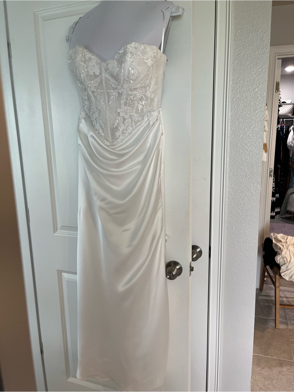 Strapless Lace Bodice Satin Wedding Gown in White By Essence of Australia